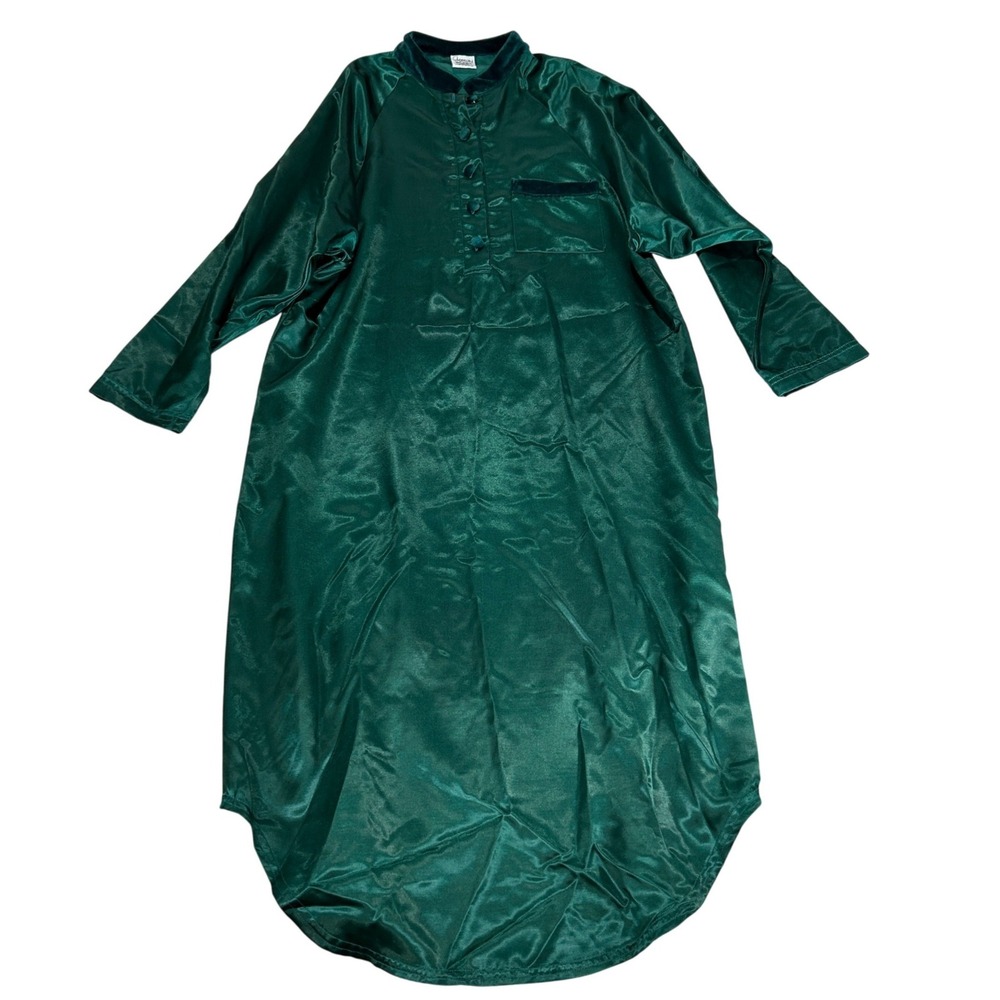 Gemini Intimates Emerald Green Satin Nightgown Velvet Trim Long Sleeve Small